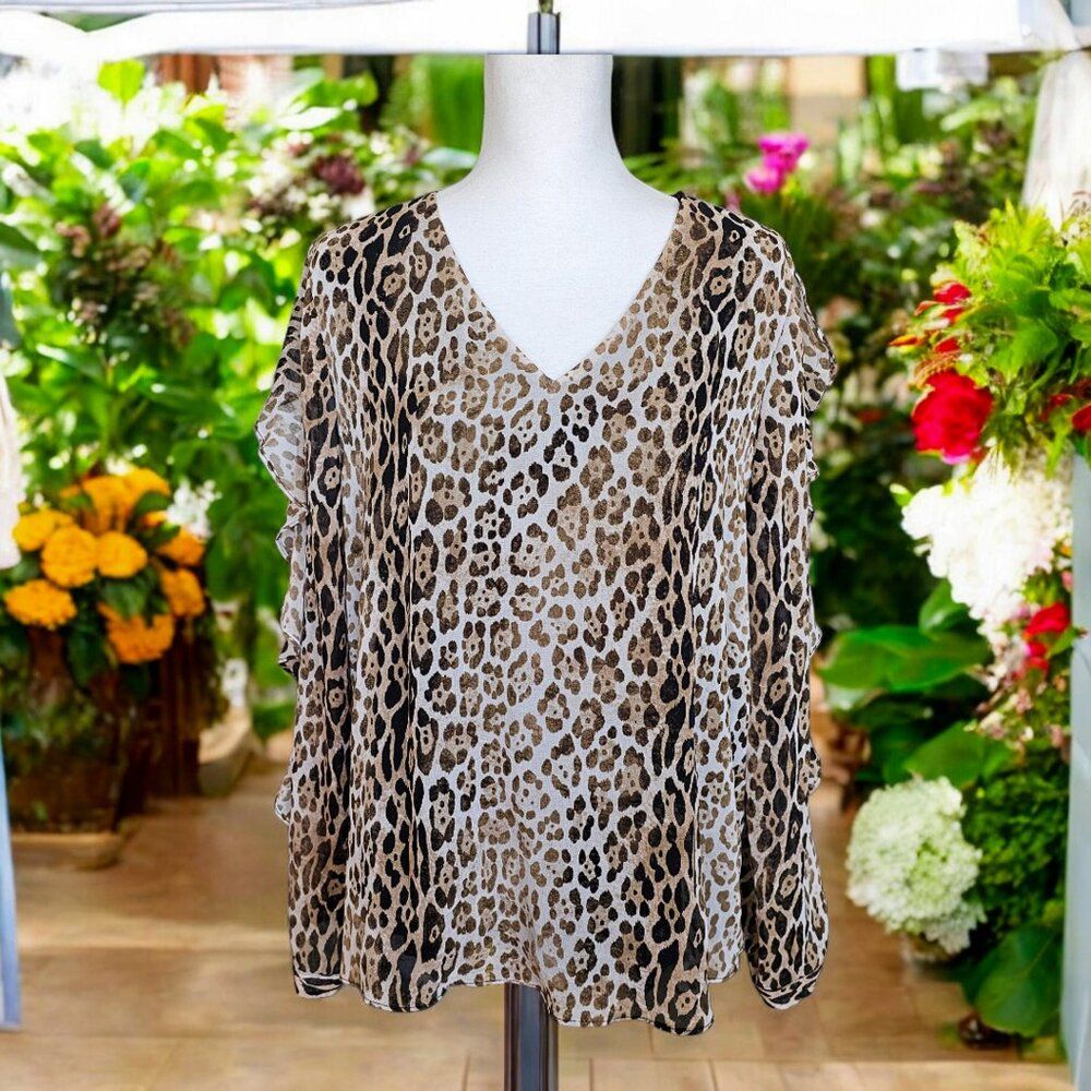 Calvin Klein Women's Leopard Print Ruffle Sleeve Blouse Size L